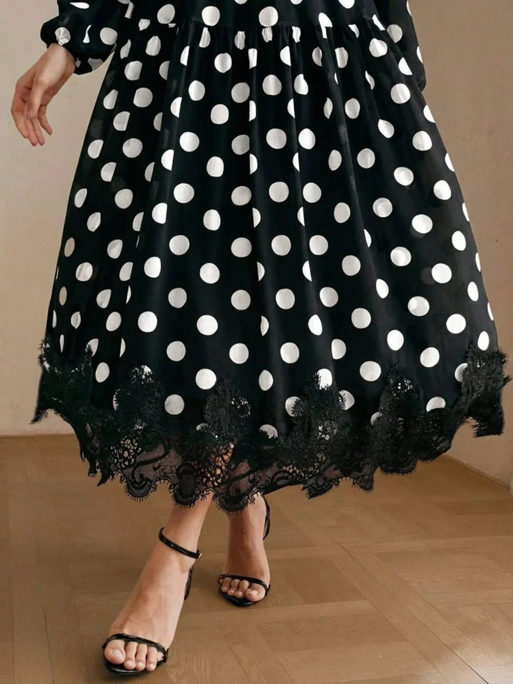 Black & White Elegant Women's Polka Dot Chiffon Lace Tie Waist Long Sleeve Dress